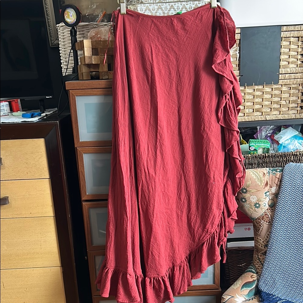 J. Crew Red Maxi Wrap Skirt with Asymmetrical Ruffles size medium